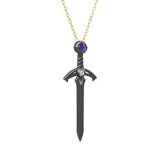 Kılıç Kolye - Ametist ve swarovski 925 ayar siyah rodyum kaplama gümüş kolye (40 cm altın rolo zincir) #10qdcp9