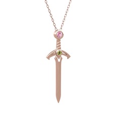 Kılıç Kolye - Pembe kuvars ve peridot 925 ayar rose altın kaplama gümüş kolye (40 cm gümüş rolo zincir) #117kqli
