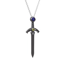 Kılıç Kolye - Lab safir ve peridot 925 ayar siyah rodyum kaplama gümüş kolye (40 cm beyaz altın rolo zincir) #118bzvd