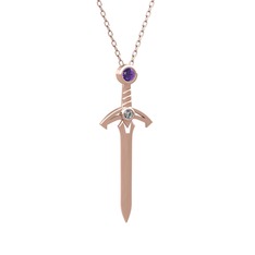 Ametist ve pırlanta 14 ayar rose altın kolye (0.036 karat, 40 cm gümüş rolo zincir)