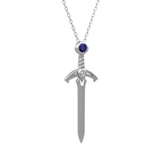 Lab safir ve beyaz zirkon 14 ayar beyaz altın kolye (40 cm beyaz altın rolo zincir)