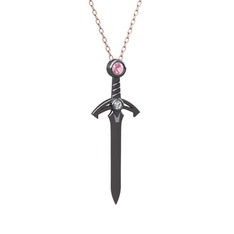 Kılıç Kolye - Pembe kuvars ve beyaz zirkon 925 ayar siyah rodyum kaplama gümüş kolye (40 cm rose altın rolo zincir) #12caw5t