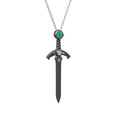 Kılıç Kolye - Kök zümrüt ve swarovski 925 ayar siyah rodyum kaplama gümüş kolye (40 cm rose altın rolo zincir) #12cjtj7