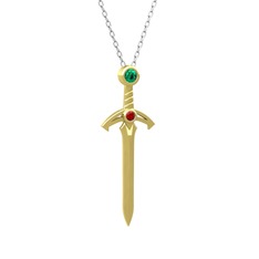 Kılıç Kolye - Yeşil kuvars ve garnet 14 ayar altın kolye (40 cm beyaz altın rolo zincir) #12cksfz