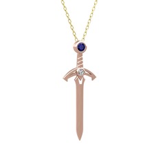 Lab safir ve beyaz zirkon 14 ayar rose altın kolye (40 cm altın rolo zincir)