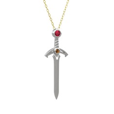 Kılıç Kolye - Rodolit garnet ve dumanlı kuvars 14 ayar beyaz altın kolye (40 cm gümüş rolo zincir) #12k8akz