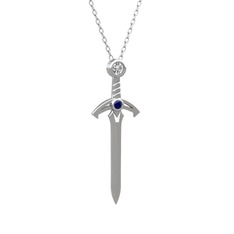 Kılıç Kolye - Beyaz zirkon ve lab safir 14 ayar beyaz altın kolye (40 cm gümüş rolo zincir) #12mx70a
