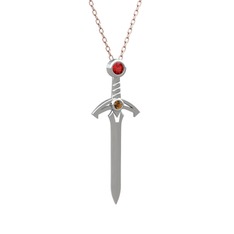 Kılıç Kolye - Garnet ve dumanlı kuvars 14 ayar beyaz altın kolye (40 cm rose altın rolo zincir) #12p2vzw