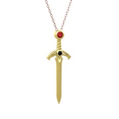 Kılıç Kolye - Garnet ve siyah zirkon 14 ayar altın kolye (40 cm gümüş rolo zincir) #12pdbix