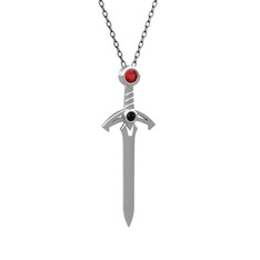 Kılıç Kolye - Garnet ve siyah zirkon 14 ayar beyaz altın kolye (40 cm gümüş rolo zincir) #12tgnb3