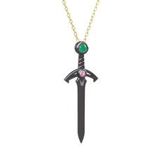 Kılıç Kolye - Kök zümrüt ve pembe kuvars 925 ayar siyah rodyum kaplama gümüş kolye (40 cm altın rolo zincir) #13ml8xw