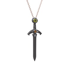 Kılıç Kolye - Peridot ve dumanlı kuvars 925 ayar siyah rodyum kaplama gümüş kolye (40 cm rose altın rolo zincir) #150p1ga