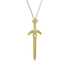 Kılıç Kolye - Pembe kuvars ve swarovski 18 ayar altın kolye (40 cm rose altın rolo zincir) #1522yrq