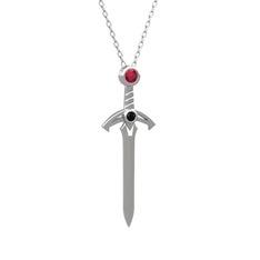 Kılıç Kolye - Rodolit garnet ve siyah zirkon 14 ayar beyaz altın kolye (40 cm beyaz altın rolo zincir) #153yg63