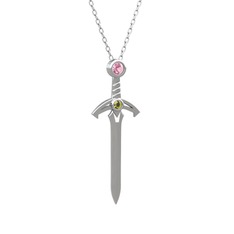 Kılıç Kolye - Pembe kuvars ve peridot 8 ayar beyaz altın kolye (40 cm gümüş rolo zincir) #155652q