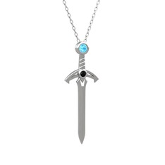 Kılıç Kolye - Akuamarin ve siyah zirkon 925 ayar gümüş kolye (40 cm gümüş rolo zincir) #1598ptu