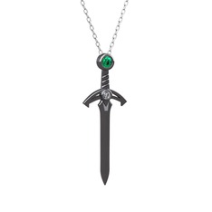 Kılıç Kolye - Yeşil kuvars ve pırlanta 925 ayar siyah rodyum kaplama gümüş kolye (0.036 karat, 40 cm beyaz altın rolo zincir) #15tc7ur