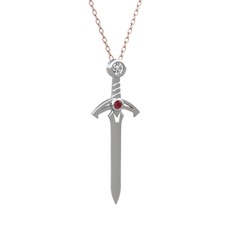 Kılıç Kolye - Beyaz zirkon ve kök yakut 14 ayar beyaz altın kolye (40 cm rose altın rolo zincir) #15u5tum