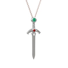 Kılıç Kolye - Kök zümrüt ve garnet 18 ayar beyaz altın kolye (40 cm rose altın rolo zincir) #15v5h4q