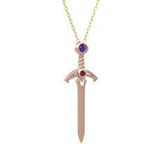 Ametist ve kök yakut 925 ayar rose altın kaplama gümüş kolye (40 cm gümüş rolo zincir)
