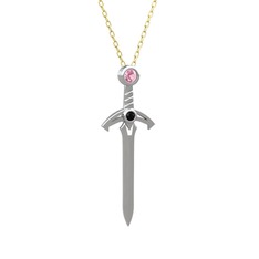 Pembe kuvars ve siyah zirkon 8 ayar beyaz altın kolye (40 cm altın rolo zincir)