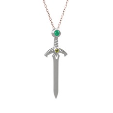Kılıç Kolye - Kök zümrüt ve peridot 18 ayar beyaz altın kolye (40 cm rose altın rolo zincir) #17bvdxl