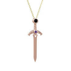 Kılıç Kolye - Siyah zirkon ve ametist 18 ayar rose altın kolye (40 cm altın rolo zincir) #17c6o7v