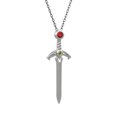 Kılıç Kolye - Garnet ve peridot 14 ayar beyaz altın kolye (40 cm gümüş rolo zincir) #18spixt