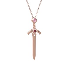 Kılıç Kolye - Pembe kuvars ve kök yakut 18 ayar rose altın kolye (40 cm rose altın rolo zincir) #192m49