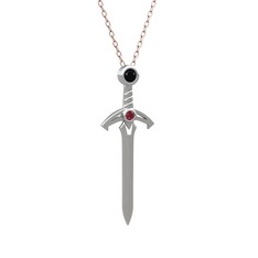 Kılıç Kolye - Siyah zirkon ve kök yakut 14 ayar beyaz altın kolye (40 cm rose altın rolo zincir) #1aoojaa