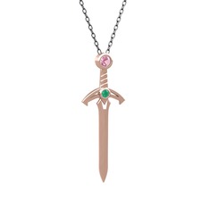 Kılıç Kolye - Pembe kuvars ve kök zümrüt 8 ayar rose altın kolye (40 cm gümüş rolo zincir) #1ap38sx