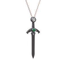Kılıç Kolye - Swarovski ve yeşil kuvars 925 ayar siyah rodyum kaplama gümüş kolye (40 cm gümüş rolo zincir) #1b9syjg