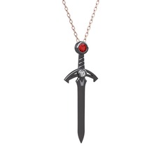 Garnet ve beyaz zirkon 925 ayar siyah rodyum kaplama gümüş kolye (40 cm gümüş rolo zincir)