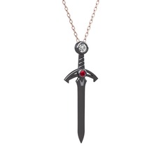 Kılıç Kolye - Swarovski ve rodolit garnet 925 ayar siyah rodyum kaplama gümüş kolye (40 cm rose altın rolo zincir) #1c731ge