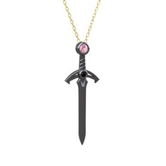 Kılıç Kolye - Pembe kuvars ve siyah zirkon 925 ayar siyah rodyum kaplama gümüş kolye (40 cm altın rolo zincir) #1cbeze5