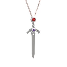Garnet ve ametist 14 ayar beyaz altın kolye (40 cm rose altın rolo zincir)