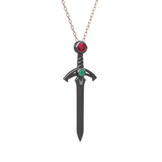 Kılıç Kolye - Rodolit garnet ve kök zümrüt 925 ayar siyah rodyum kaplama gümüş kolye (40 cm rose altın rolo zincir) #1cy3vwp