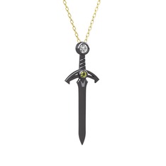 Kılıç Kolye - Beyaz zirkon ve peridot 925 ayar siyah rodyum kaplama gümüş kolye (40 cm altın rolo zincir) #1cz8alo
