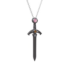 Kılıç Kolye - Pembe kuvars ve dumanlı kuvars 925 ayar siyah rodyum kaplama gümüş kolye (40 cm gümüş rolo zincir) #1d3dw85