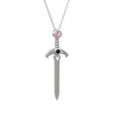 Pembe kuvars ve siyah zirkon 925 ayar gümüş kolye (40 cm beyaz altın rolo zincir)