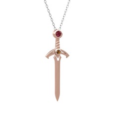 Kılıç Kolye - Kök yakut ve dumanlı kuvars 925 ayar rose altın kaplama gümüş kolye (40 cm beyaz altın rolo zincir) #1du613e