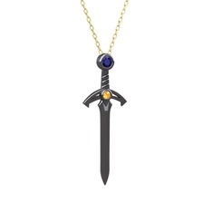 Kılıç Kolye - Lab safir ve sitrin 925 ayar siyah rodyum kaplama gümüş kolye (40 cm gümüş rolo zincir) #1eexiet