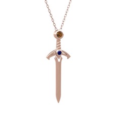 Kılıç Kolye - Dumanlı kuvars ve lab safir 14 ayar rose altın kolye (40 cm rose altın rolo zincir) #1ellwcy