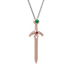 Kılıç Kolye - Yeşil kuvars ve kök yakut 925 ayar rose altın kaplama gümüş kolye (40 cm gümüş rolo zincir) #1eruvo5