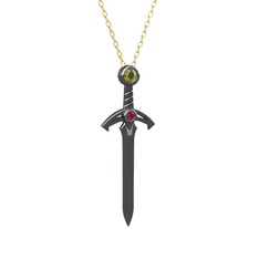Kılıç Kolye - Peridot ve kök yakut 925 ayar siyah rodyum kaplama gümüş kolye (40 cm altın rolo zincir) #1ezmaqh