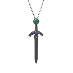 Kılıç Kolye - Yeşil kuvars ve ametist 925 ayar siyah rodyum kaplama gümüş kolye (40 cm gümüş rolo zincir) #1f3f428