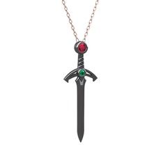 Kılıç Kolye - Rodolit garnet ve yeşil kuvars 925 ayar siyah rodyum kaplama gümüş kolye (40 cm rose altın rolo zincir) #1fvx0sl