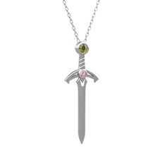 Peridot ve pembe kuvars 14 ayar beyaz altın kolye (40 cm beyaz altın rolo zincir)