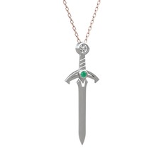 Kılıç Kolye - Beyaz zirkon ve kök zümrüt 18 ayar beyaz altın kolye (40 cm rose altın rolo zincir) #1gwrie
