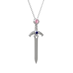 Pembe kuvars ve lab safir 14 ayar beyaz altın kolye (40 cm gümüş rolo zincir)